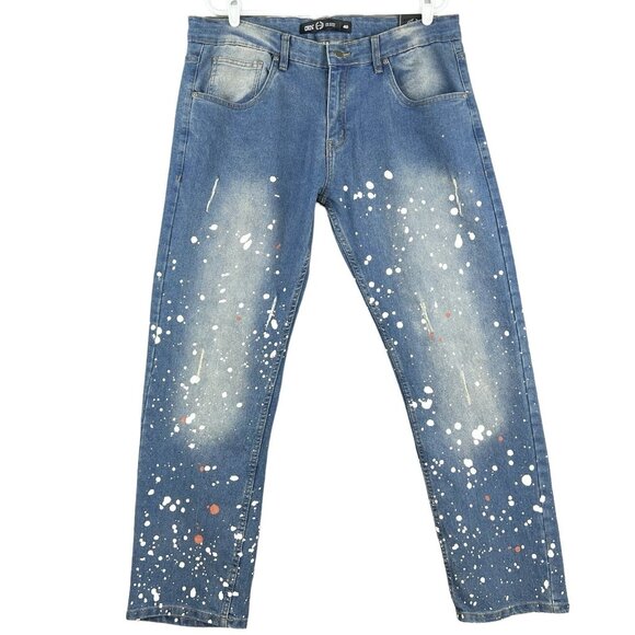 CR24 Chrome Edge Men Denim Jean 40x30 Distressed Splatter Paint Stretch Straight - Picture 1 of 11
